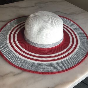 Red, white & silver floppy straw hat